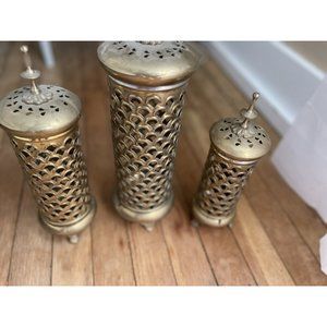Vintage Moroccan  Pierced Brass  Lantern Candle Lamp- Lot of 3 Boho Antique Lg